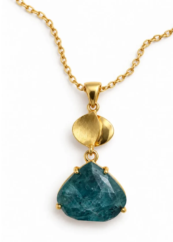 Faceted Teal Apatite Folded Leaf Pendant Necklace - Image 1