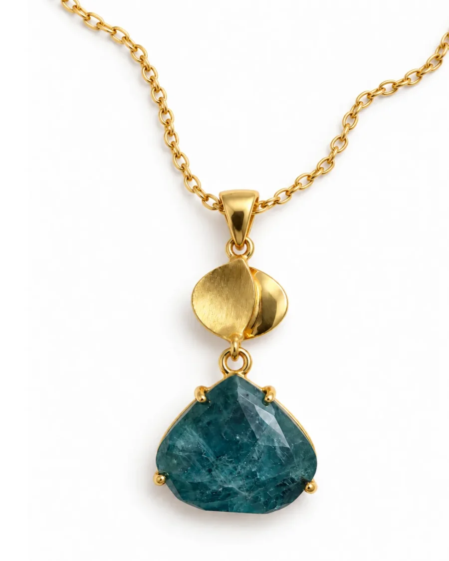 Faceted Teal Apatite Folded Leaf Pendant Necklace