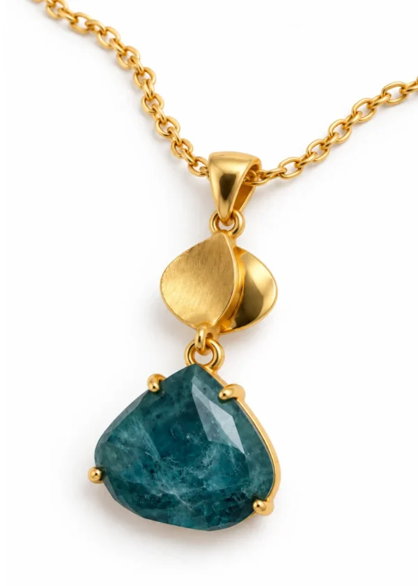 Faceted Teal Apatite Folded Leaf Pendant Necklace - Image 2