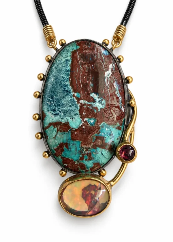 Artisan Chrysocolla & Fire Opal Masterpiece Pendant - Image 1