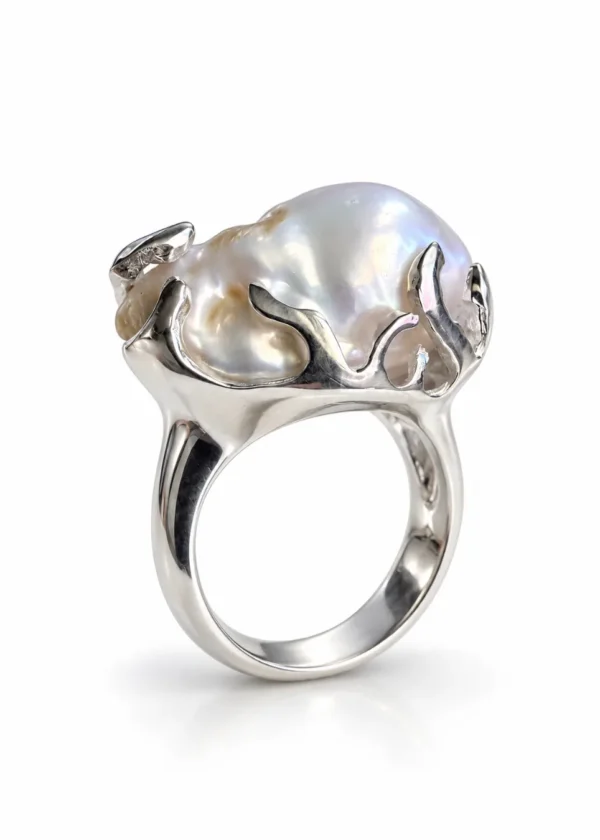 Baroque Pearl Sculptural Silver Ring - handcrafted by Silverely