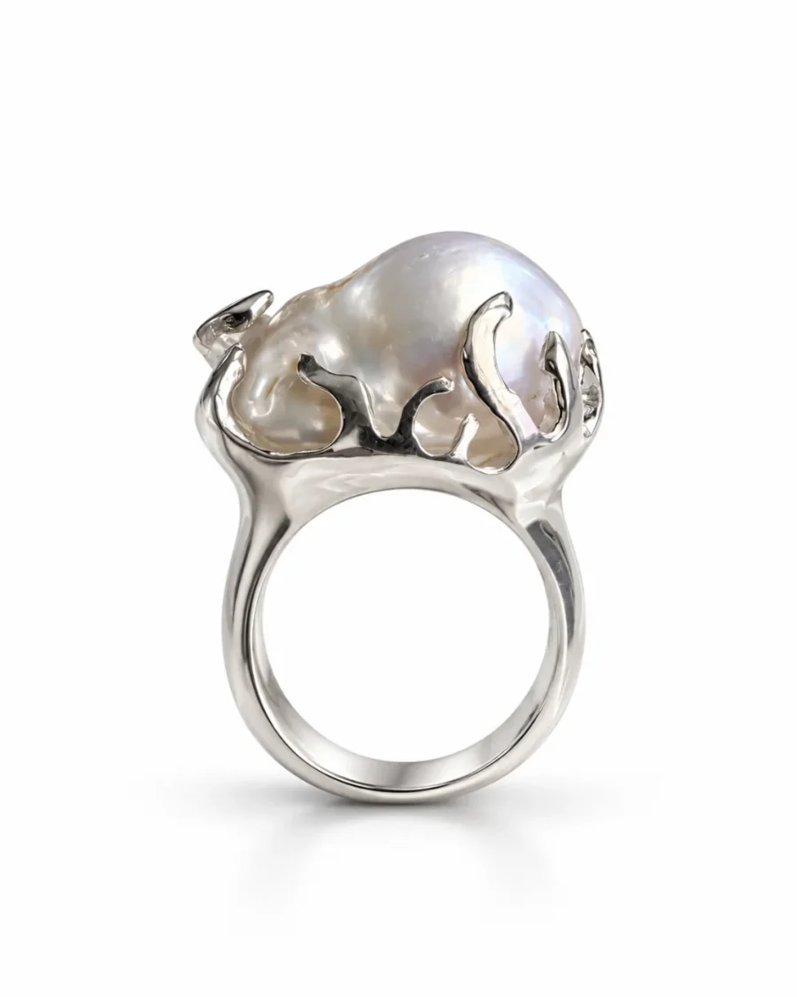 Baroque Pearl Sculptural Silver Ring - detail view