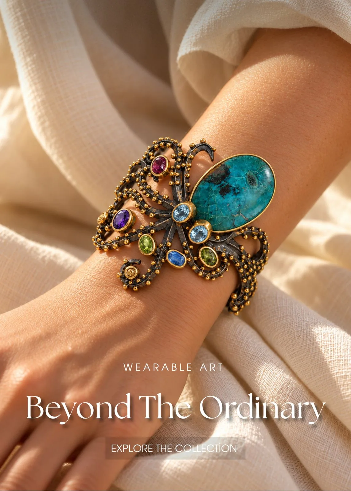 Woman wearing a handcrafted octopus-inspired oxidized silver cuff bracelet with a large turquoise-blue cabochon and colorful gemstones - Silverely wearable art collection
