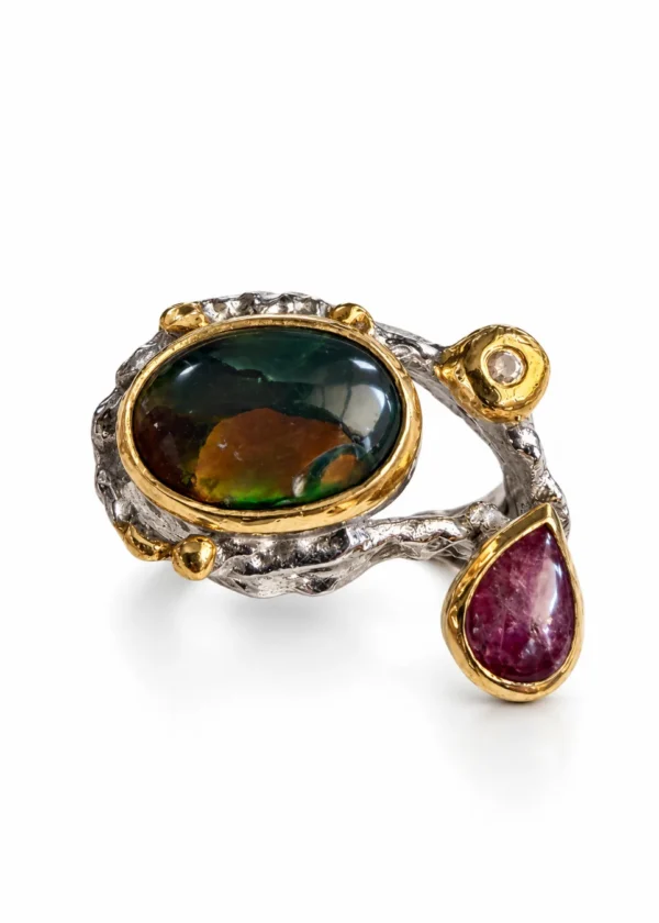 Black Opal & Pink Tourmaline Organic Silver Ring - handcrafted by Silverely