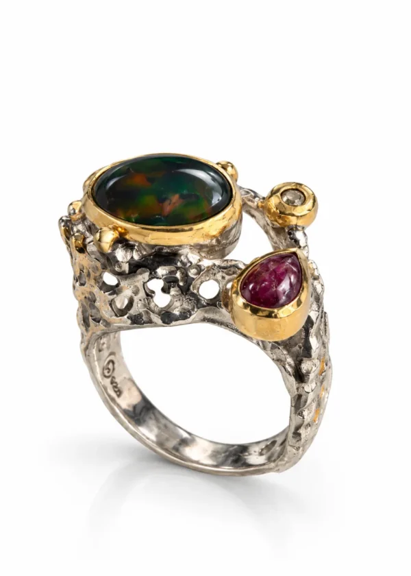 Black Opal & Pink Tourmaline Organic Silver Ring - detail view