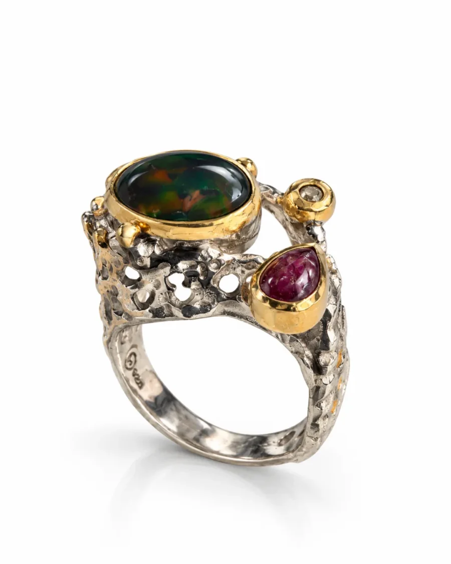 Black Opal & Pink Tourmaline Organic Silver Ring - detail view