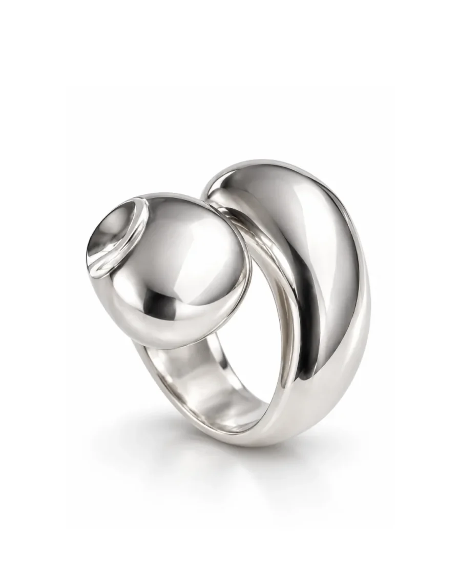 Bold Sculptural Polished Silver Statement Ring - detail view