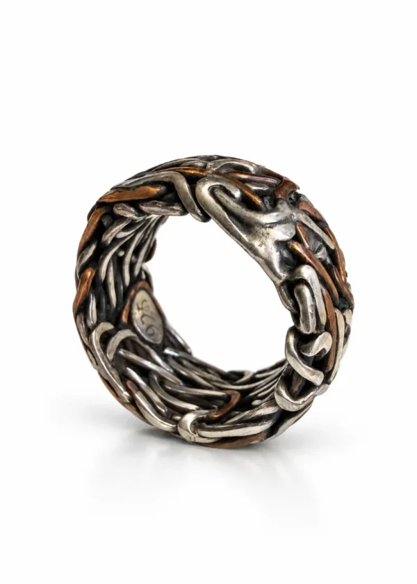 Byzantine Weave Copper & Silver Band Ring - detail view