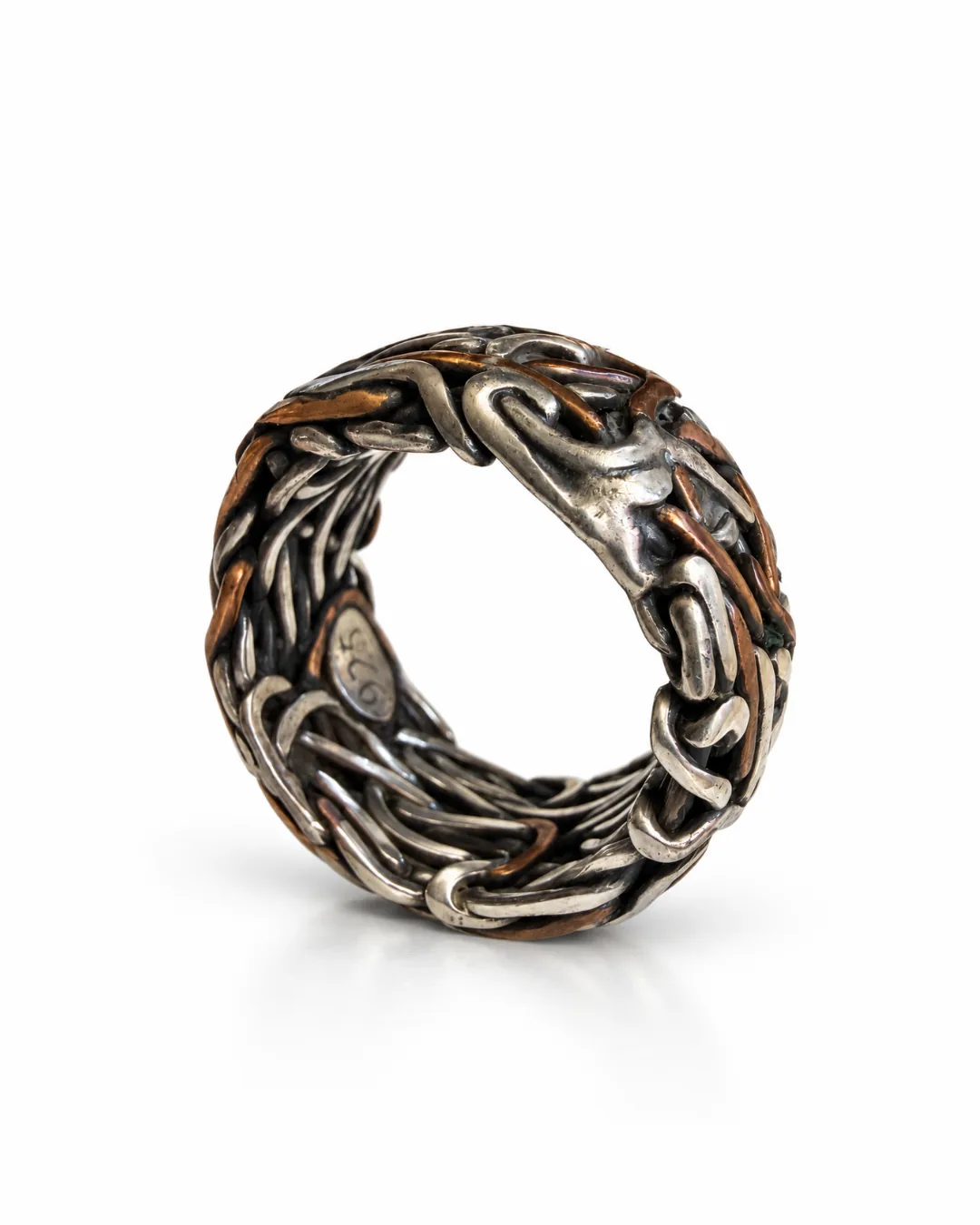 Byzantine Weave Copper & Silver Band Ring - detail view