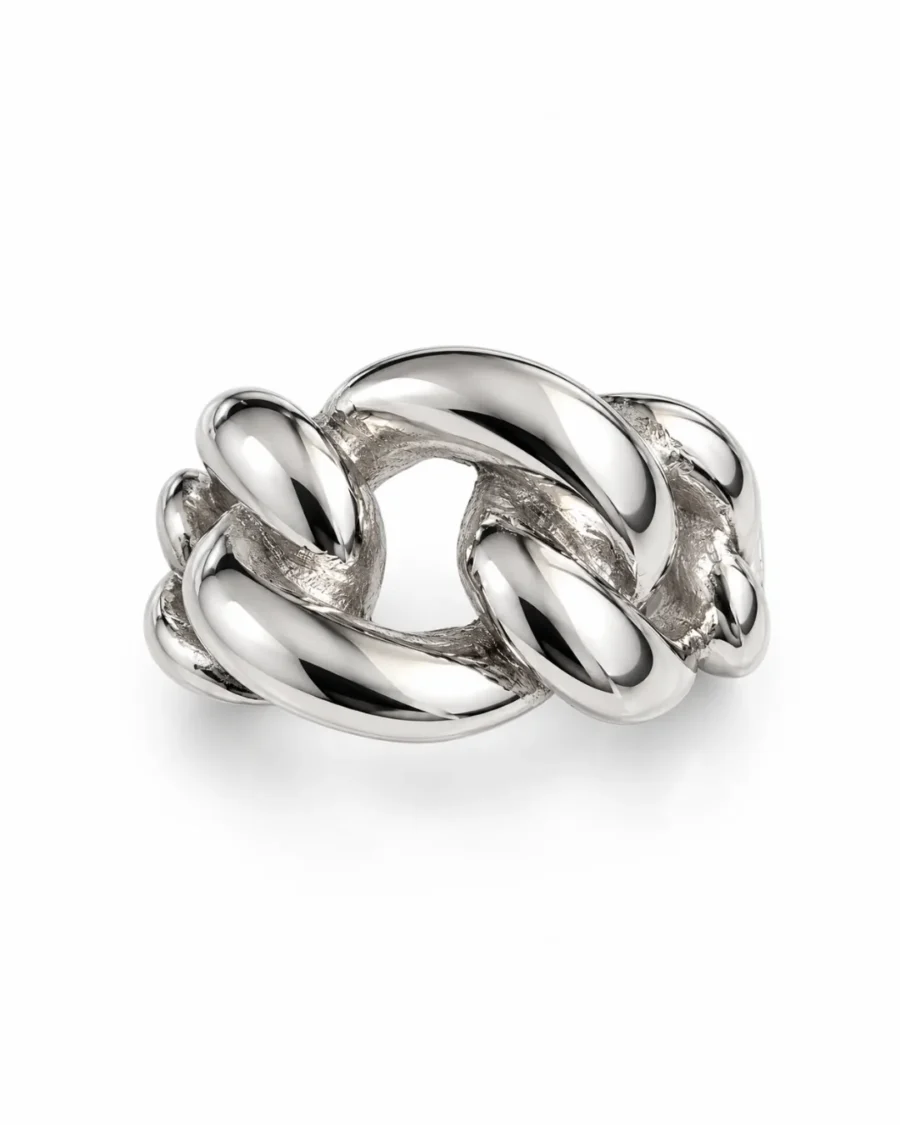 Chunky Curb Chain Link Polished Silver Ring - detail view
