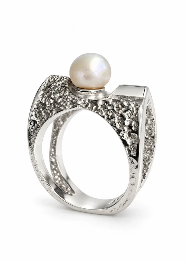 Freshwater Pearl Textured Geometric Silver Ring - handcrafted by Silverely