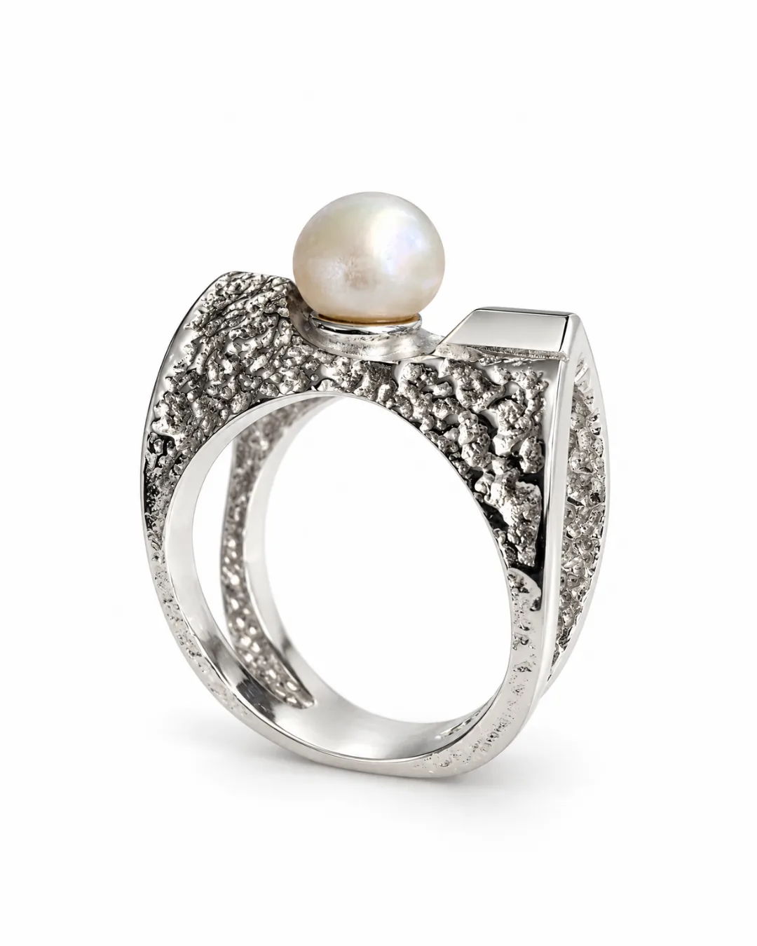 Freshwater Pearl Textured Geometric Silver Ring - handcrafted by Silverely