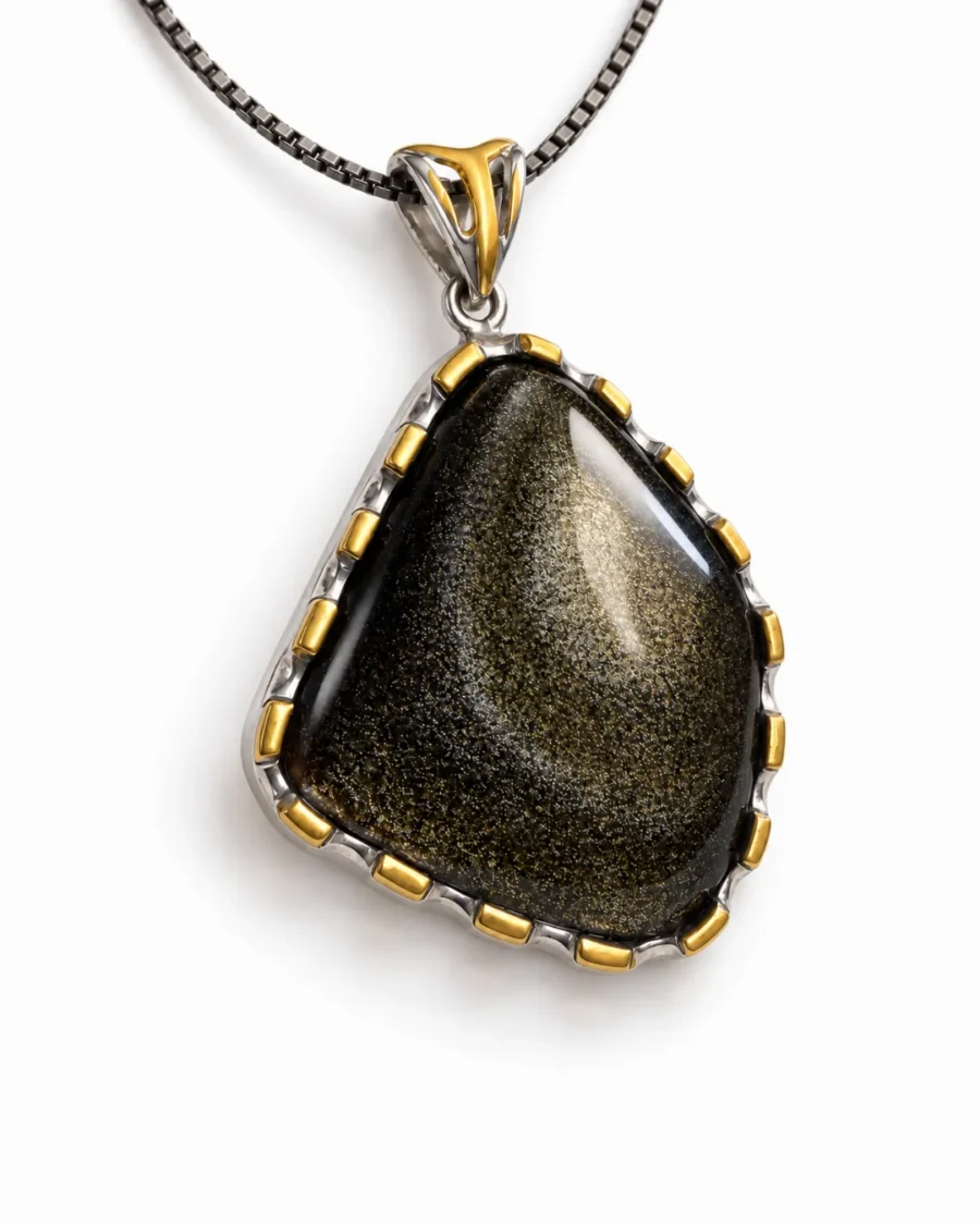 Golden Sheen Obsidian Gold-Edged Pendant Necklace - detail view