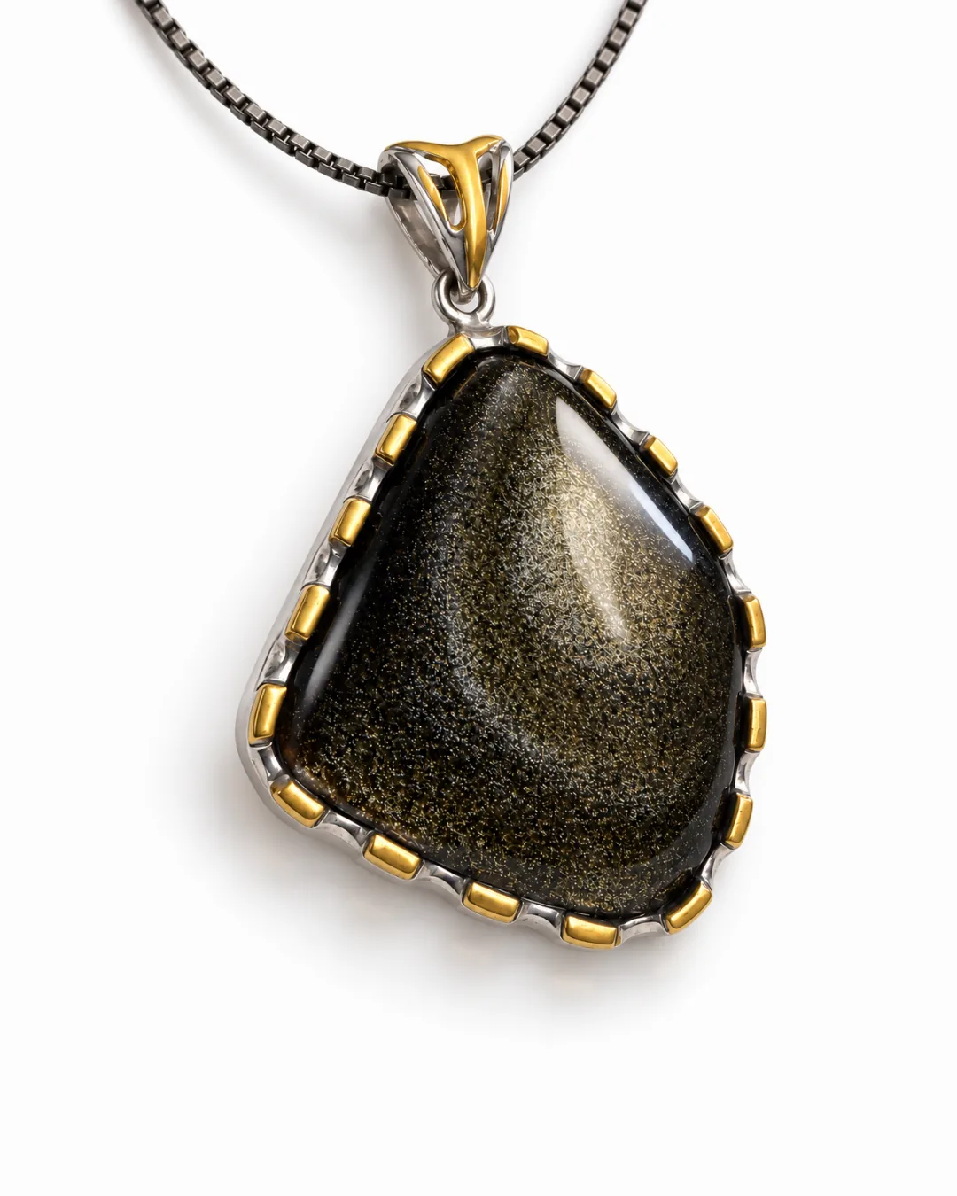 Golden Sheen Obsidian Gold-Edged Pendant Necklace - detail view