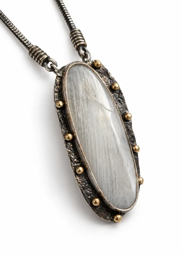 Moonstone Oxidized Silver Oval Pendant Necklace - detail view