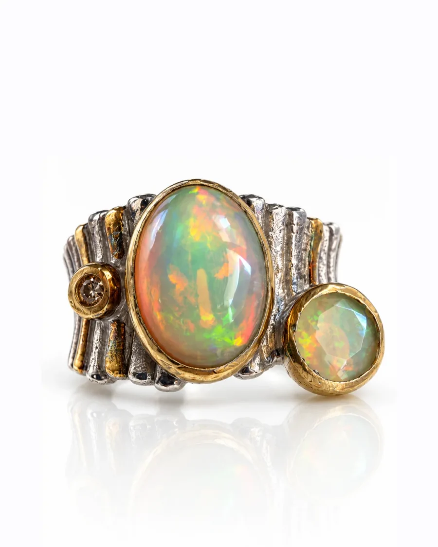 Natural Opal Gold-Bezel Wide Band Silver Ring Natural Opal Gold-Bezel Wide Band Silver Ring - handcrafted by Silverely