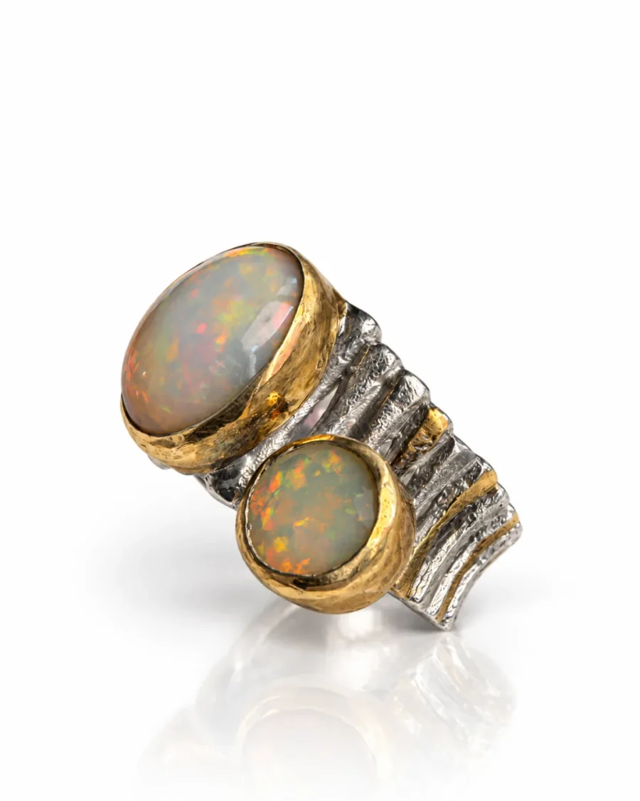 Natural Opal Gold-Bezel Wide Band Silver Ring - detail view