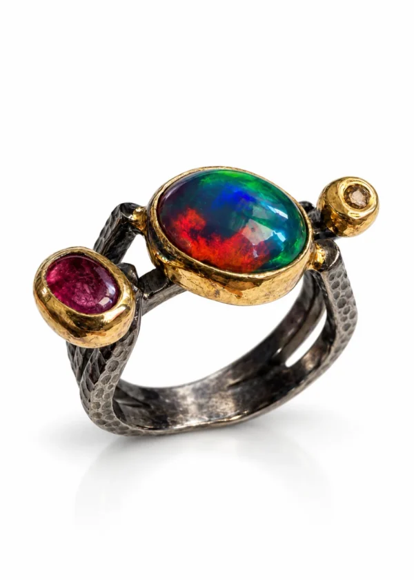 Rainbow Opal & Pink Tourmaline Hammered Silver Ring - handcrafted by Silverely