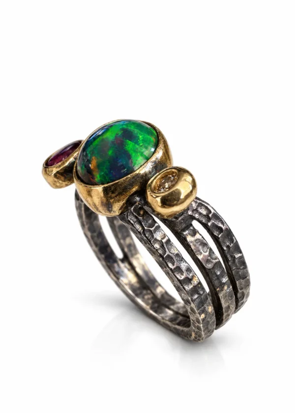 Rainbow Opal & Pink Tourmaline Hammered Silver Ring - detail view