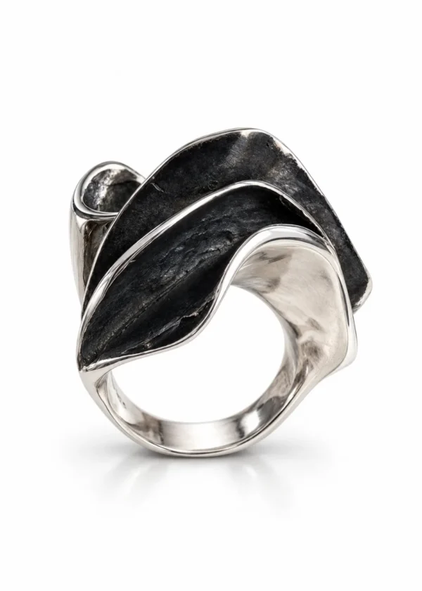 Sculptural Ruffle Oxidized Silver Statement Ring - handcrafted by Silverely