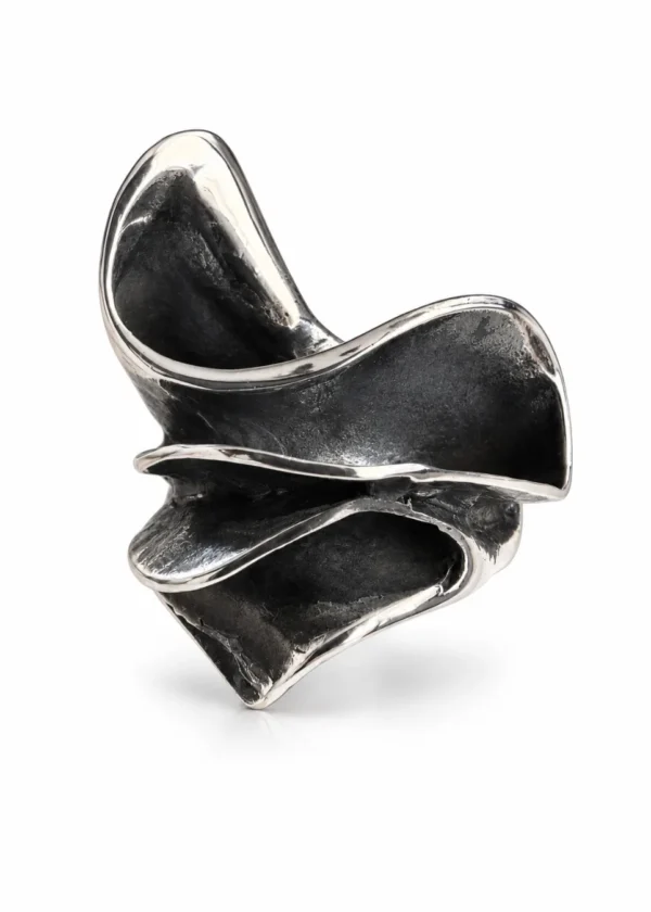 Sculptural Ruffle Oxidized Silver Statement Ring - detail view 2