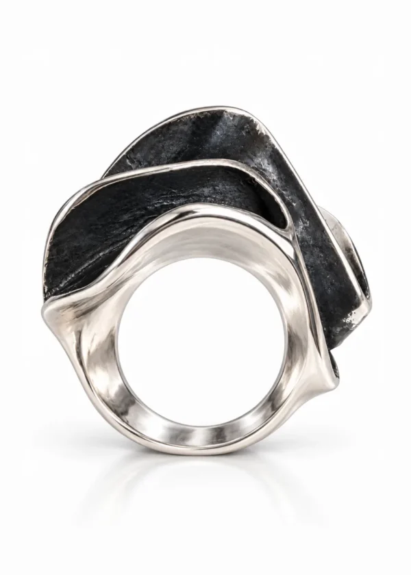 Sculptural Ruffle Oxidized Silver Statement Ring - detail view 1