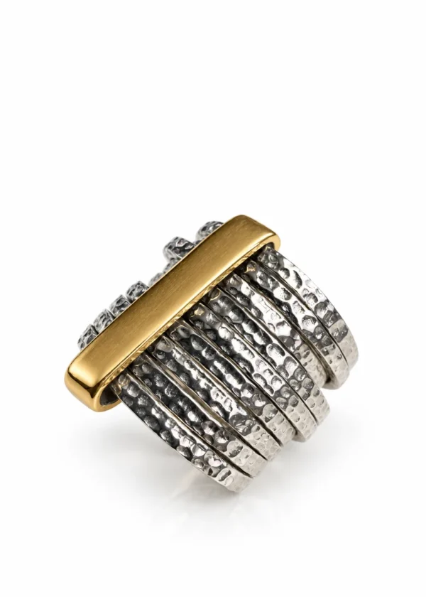 Stacked Hammered Band Silver Ring with Gold Bar - handcrafted by Silverely