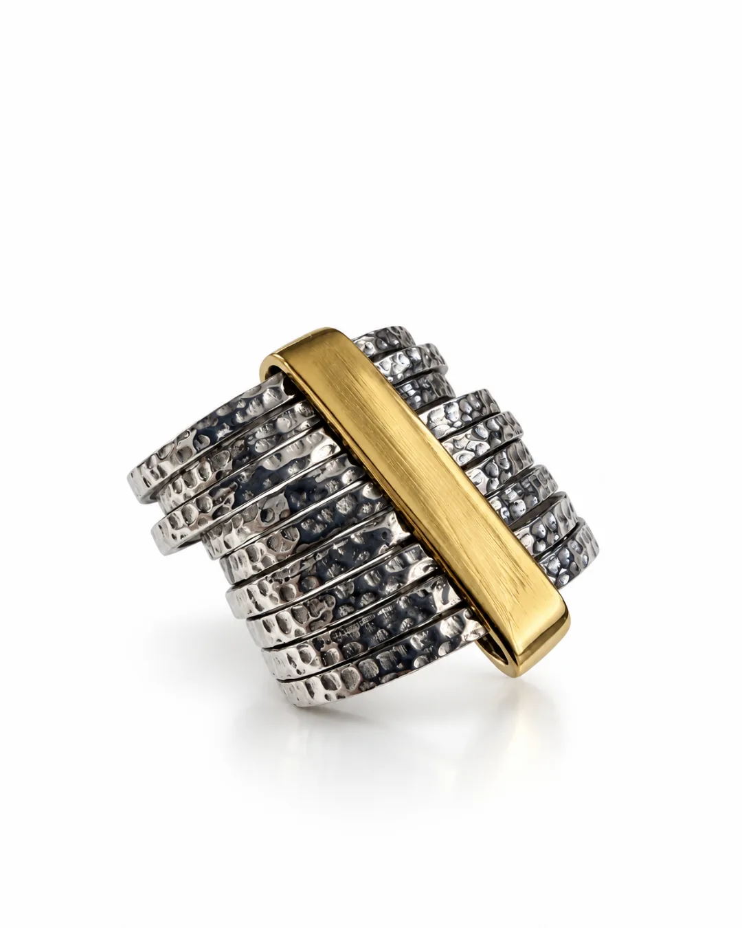 Stacked Hammered Band Silver Ring with Gold Bar - detail view