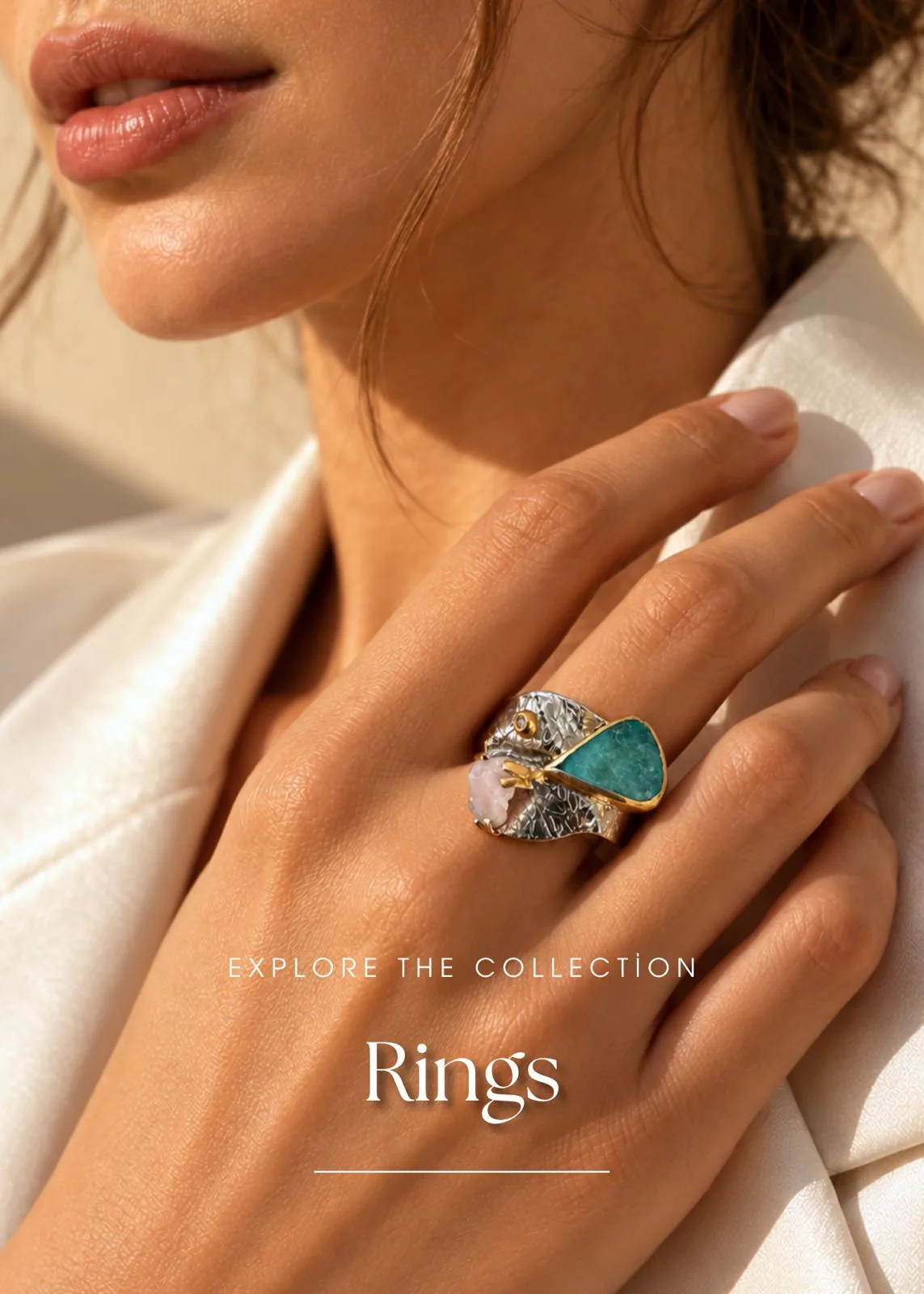 Hand wearing a handcrafted textured silver statement ring with a teal gemstone and gold accents - Silverely rings collection