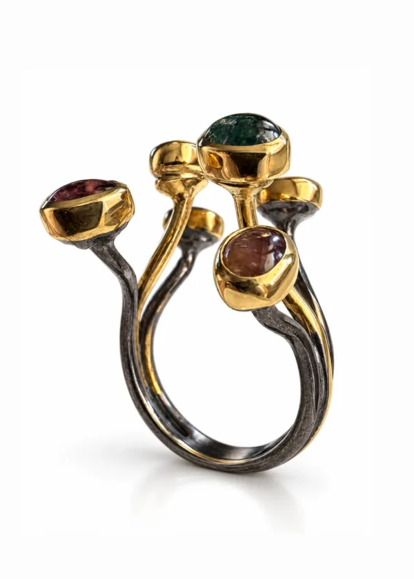 Tourmaline Gold-Bezel Branch Open Ring - handcrafted by Silverely