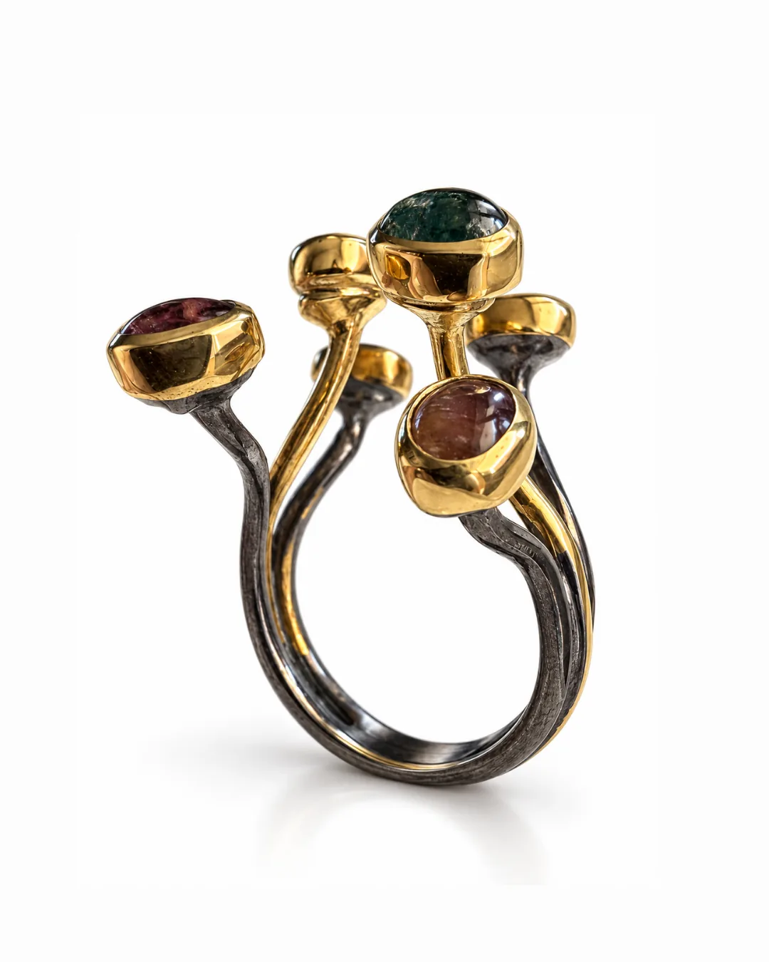 Tourmaline Gold-Bezel Branch Open Ring - handcrafted by Silverely