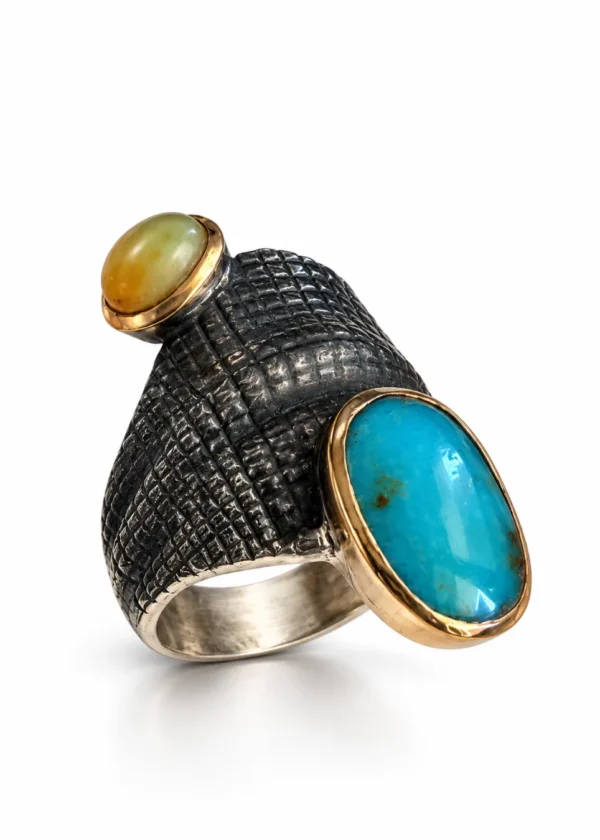 Turquoise & Golden Cabochon Crosshatch Silver Ring - handcrafted by Silverely