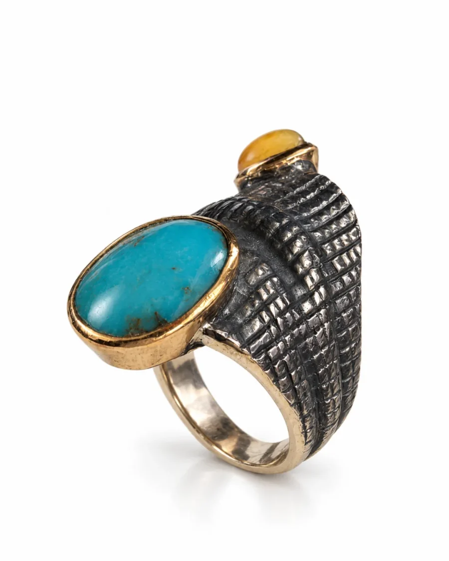Turquoise & Golden Cabochon Crosshatch Silver Ring - detail view