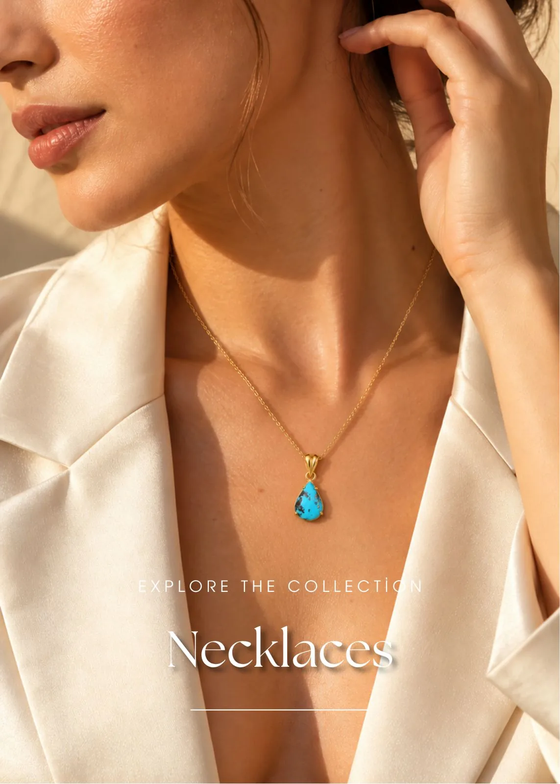 Woman wearing a delicate gold chain necklace with a teardrop turquoise pendant - Silverely necklaces collection