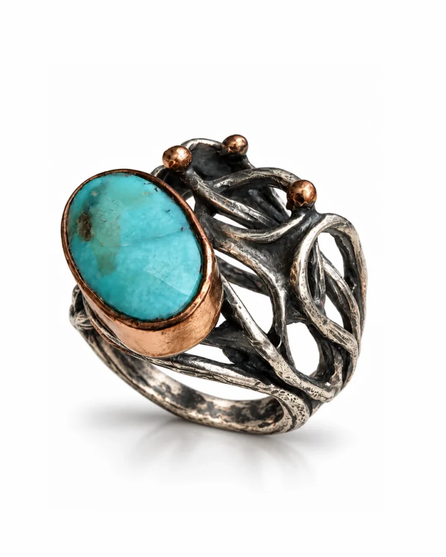 Turquoise Vine Branch Silver Ring with Copper Bezel Turquoise Vine Branch Silver Ring with Copper Bezel - handcrafted by Silverely