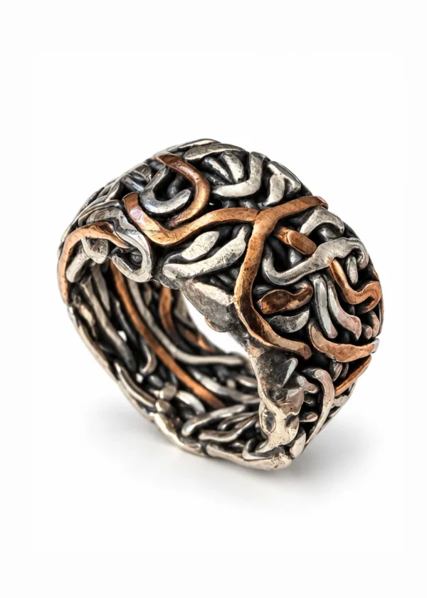 Woven Copper & Silver Wide Band Ring - detail view