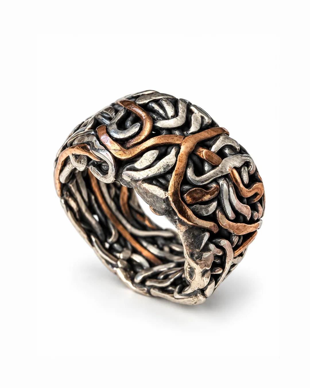 Woven Copper & Silver Wide Band Ring - detail view